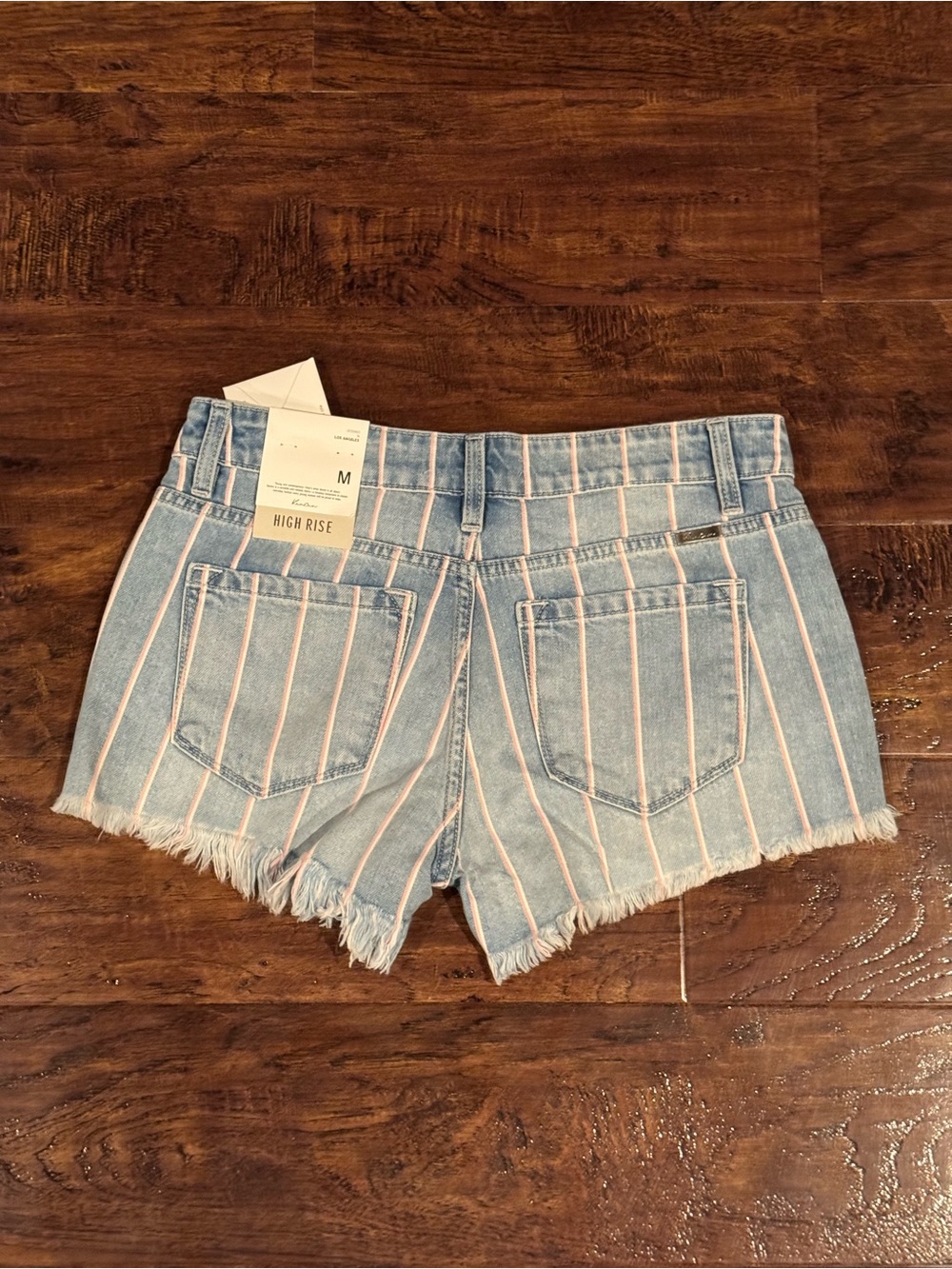 NWT KanCan High Waisted Denim Shorts Light Blue Wash Pink / White Pinstripes - Picture 4 of 5